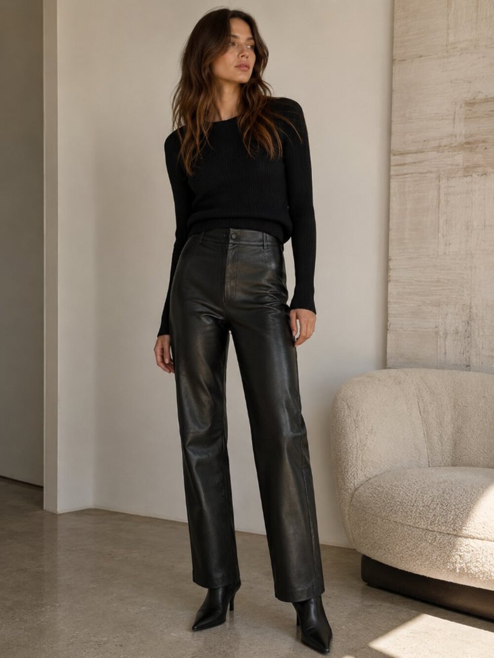 Vintage Mixit Genuine Black Leather Straight Leg Pants Lined High Rise Size 10